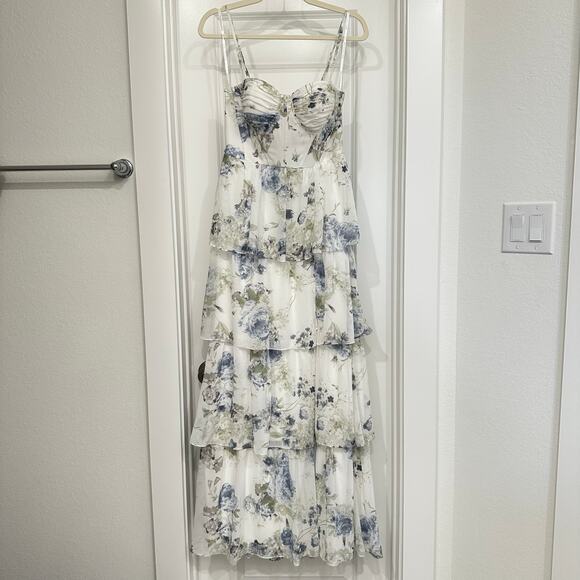 NEW Dessy Collection Bustier Ruffle Evening Gown in Bleu Garden Print Size 2 - Picture 2 of 9